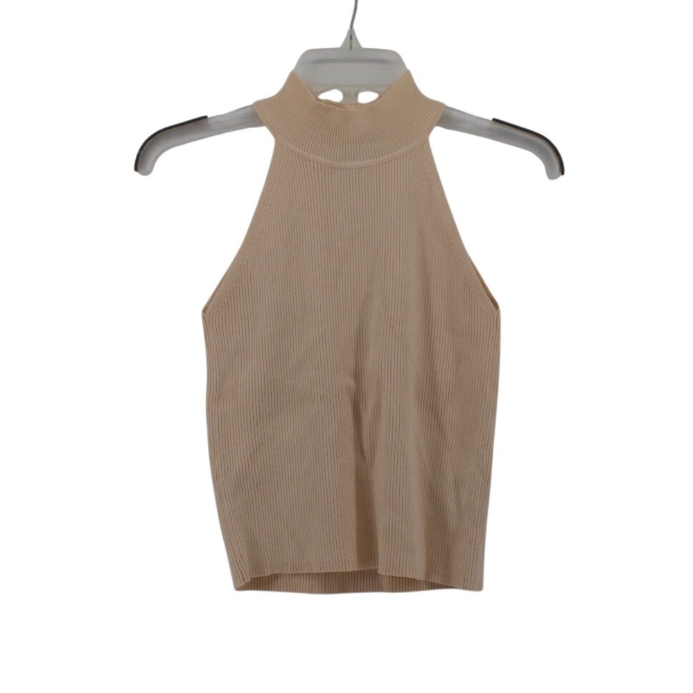 Zara‎ Tank Top Womens Small Halter Mock Neck Beige Ribbed Knit Basic Minimalist